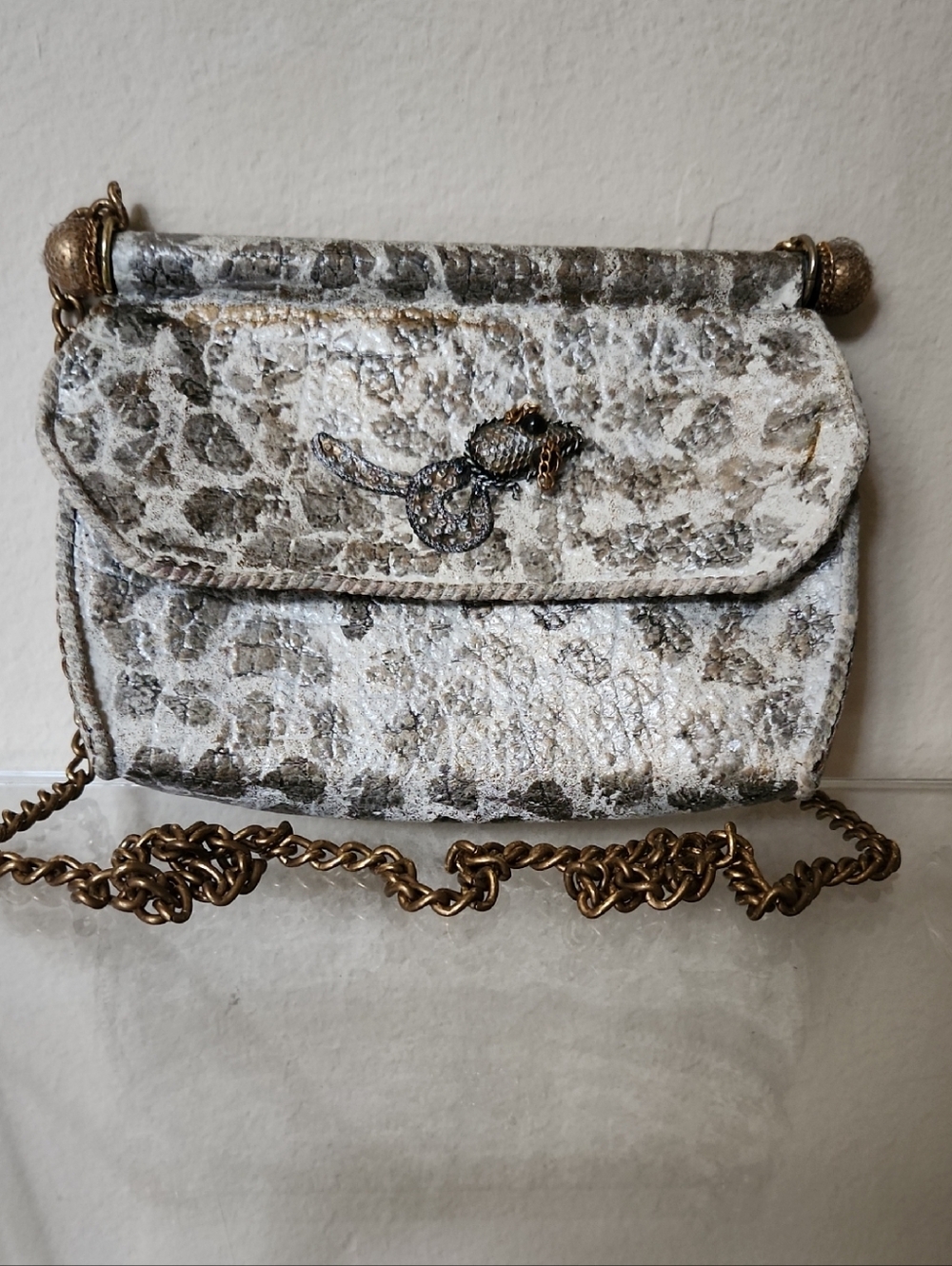 Mary Frances Snake-Print Chain Crossbody Bag in Metallic White & Gold